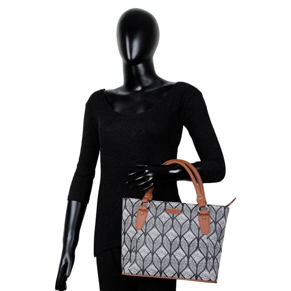 Hand Crafted Monochrome Printed Fabric Women Top Handle Handbag, Satchel Purse - Picture 11 of 11